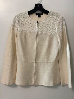 St. John Cream Knit Jacket with Embroidered Lace Size 4